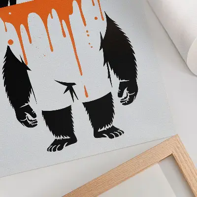 Poster decorativo de um gorila de macacão com fundo laranja vibrante