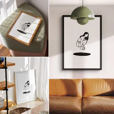 Arte de parede figura agachada em fundo branco minimalista