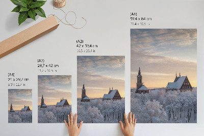 Arte de parede Paisagem de inverno com uma igreja coberta de neve
