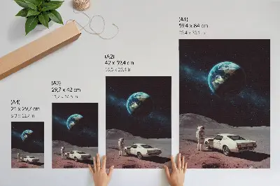 Impressão em tela retratando astronauta na Lua com carro e estrelas da Terra