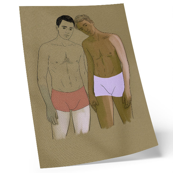 Arte de parede Ilustração de homens de cueca em tons quentes.