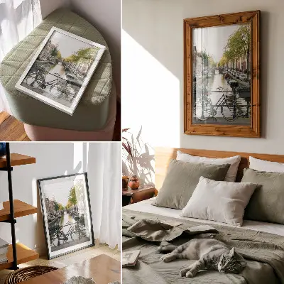 Poster decorativo com temática de canal, bicicleta, arquitetura e história
