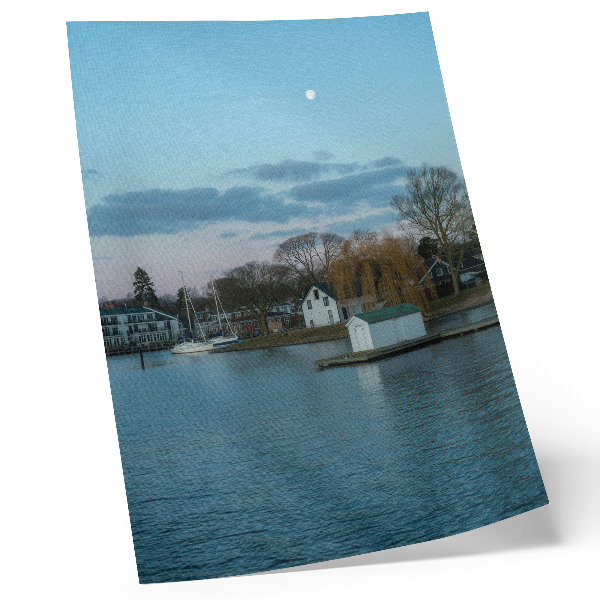 Arte de parede O céu sobre o lago, as casas, a lua, as árvores
