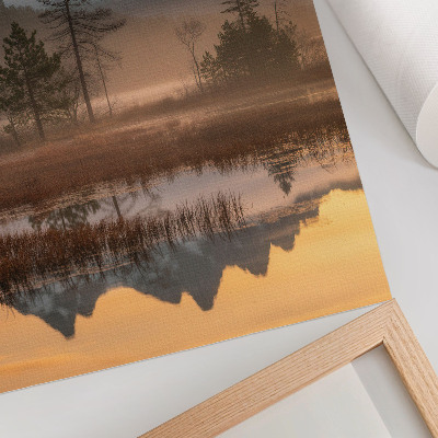 Arte de parede Montanhas, árvores, neblina, água calma, reflexo