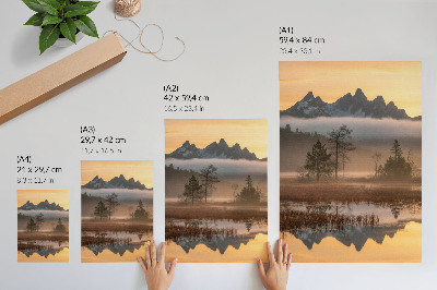 Arte de parede Montanhas, árvores, neblina, água calma, reflexo