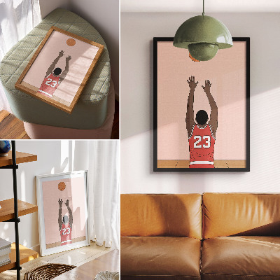 Poster para cozinha Jogadora de basquete rosa pastel com uma bola no ar.