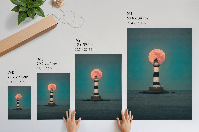 Arte de parede Farol e lua sobre o mar ao pôr do sol