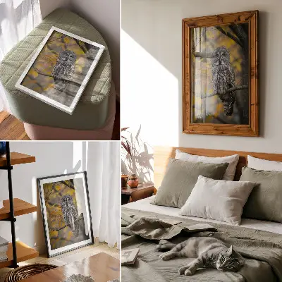 Arte de parede coruja em galho com folhas amarelas