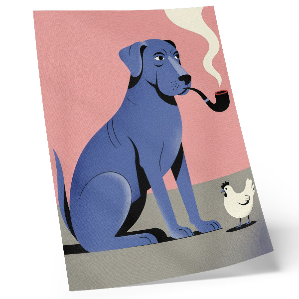 Poster para cozinha Cachorro azul com cachimbo, galinha, fundo rosa