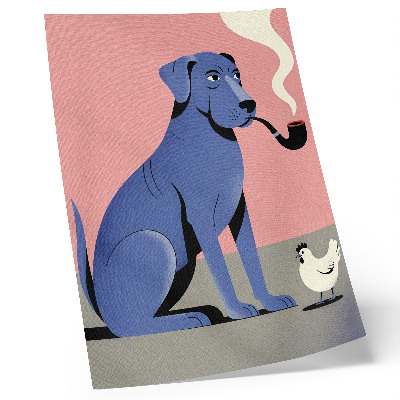Poster para cozinha Cachorro azul com cachimbo, galinha, fundo rosa