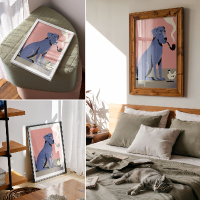 Poster para cozinha Cachorro azul com cachimbo, galinha, fundo rosa