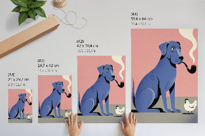 Poster para cozinha Cachorro azul com cachimbo, galinha, fundo rosa