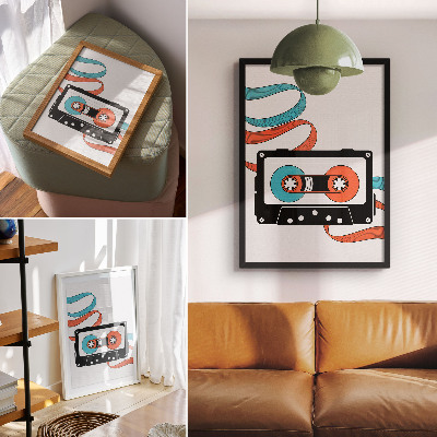 Impressão em tela Fita cassete retrô estilo pop art com detalhes coloridos.