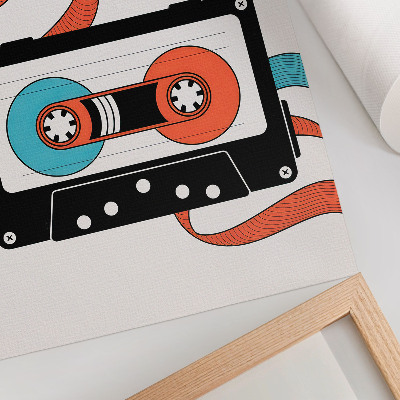 Impressão em tela Fita cassete retrô estilo pop art com detalhes coloridos.