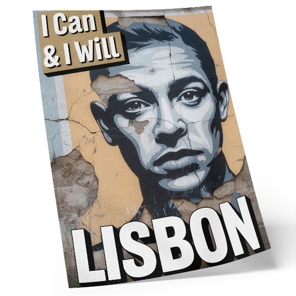 Poster decorativo Estampa de estilo urbano com um rosto e uma inscrição motivacional.