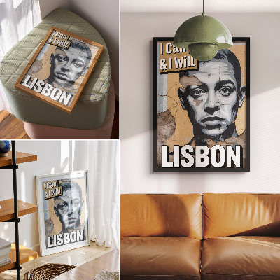 Poster decorativo Estampa de estilo urbano com um rosto e uma inscrição motivacional.