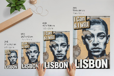 Poster decorativo Estampa de estilo urbano com um rosto e uma inscrição motivacional.