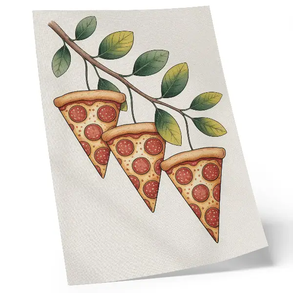 Poster para cozinha fatias de pizza em um galho de árvore com cores alegres