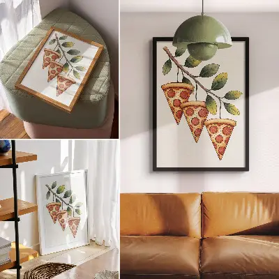 Poster para cozinha fatias de pizza em um galho de árvore com cores alegres