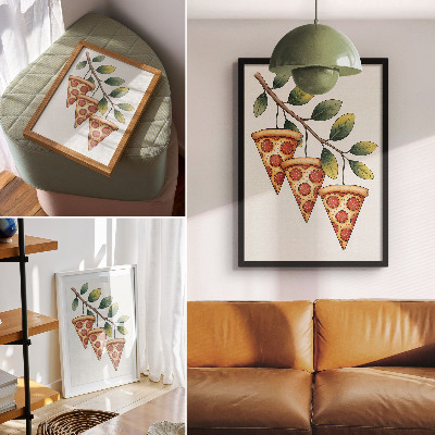 Poster para cozinha Fatias de pizza em um galho de árvore em cores alegres