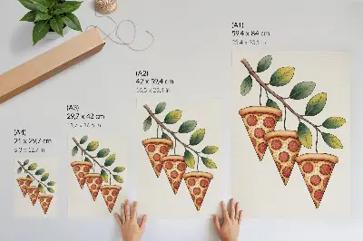 Poster para cozinha fatias de pizza em um galho de árvore com cores alegres