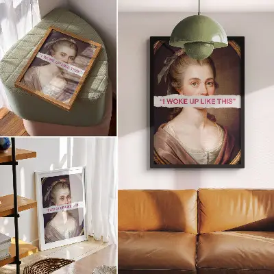 Impressão em tela retrato de uma mulher com tipografia clássica
