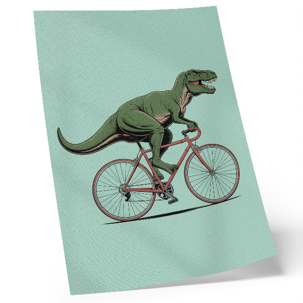 Impressão em tela Dinossauro verde em uma bicicleta sobre um fundo turquesa
