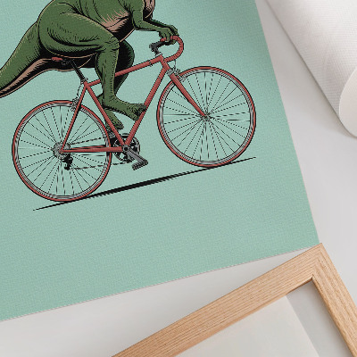 Impressão em tela Dinossauro verde em uma bicicleta sobre um fundo turquesa