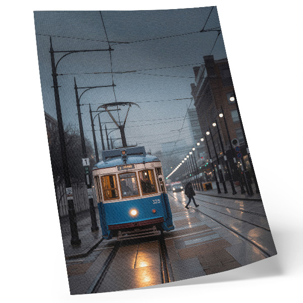 Poster para cozinha Bonde azul, dia chuvoso, vida na cidade