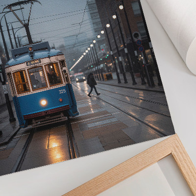 Poster para cozinha Bonde azul, dia chuvoso, vida na cidade