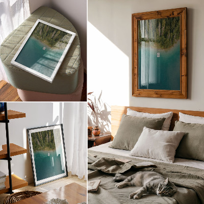 Arte de parede ponte sobre lago florestal clima verde azul