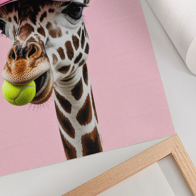 Arte de parede Girafa engraçada de boné com uma bola de tênis