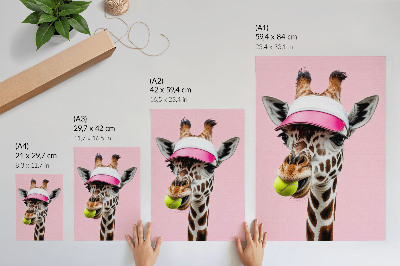 Arte de parede Girafa engraçada de boné com uma bola de tênis