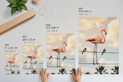 Poster decorativo com estampa de céu com flamingos, nuvens e andorinhas