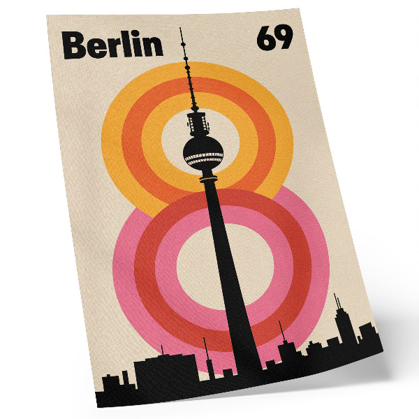 Poster decorativo Torre circular com atmosfera retrô e anéis coloridos