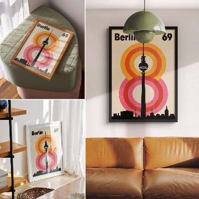 Poster decorativo Torre circular com atmosfera retrô e anéis coloridos