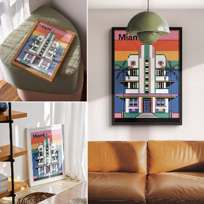Poster decorativo Art déco, cores tropicais, palmeiras, energia Miami