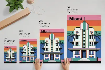 Poster decorativo estilo art déco com estampa de palmeiras em cores tropicais estilo Miami