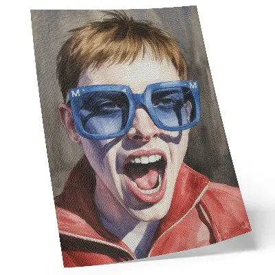 Arte de parede retrato de uma pessoa usando óculos com cores vibrantes e foco em emoções