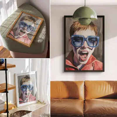 Arte de parede retrato de uma pessoa usando óculos com cores vibrantes e foco em emoções
