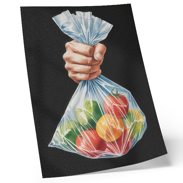 Poster para cozinha Uma mão com um saco plástico cheio de frutas coloridas.