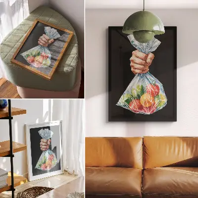 Poster para cozinha uma mão segurando um saco plástico com frutas coloridas