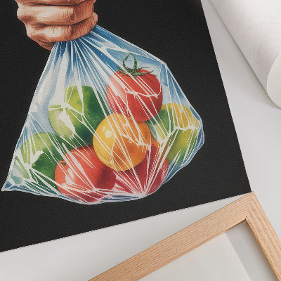 Poster para cozinha Uma mão com um saco plástico cheio de frutas coloridas.