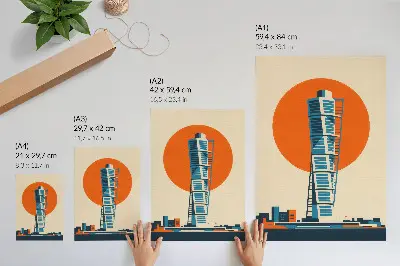 Impressão em tela de arranha-céu moderno com sol laranja e formas geométricas