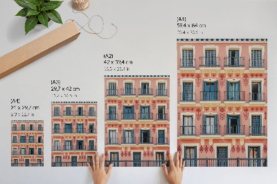 Poster decorativo Fachada simétrica com persianas azul-marinho e decorações florais.