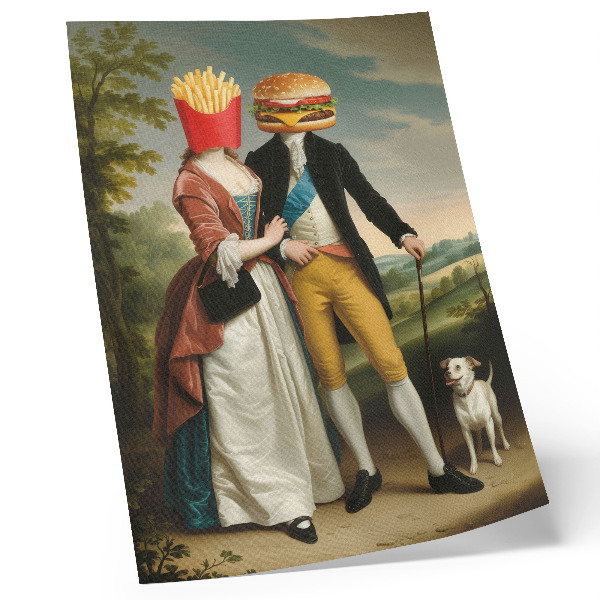 Arte de parede Humor surrealista, cabeças, batatas fritas, hambúrguer