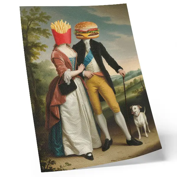 Arte de parede humor surrealista com cabeças, batatas fritas e hambúrguer