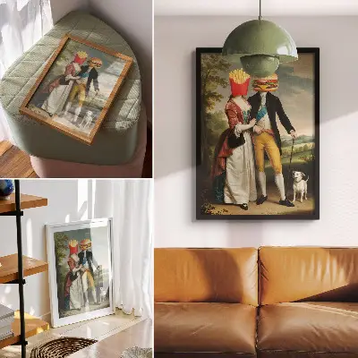 Arte de parede humor surrealista com cabeças, batatas fritas e hambúrguer