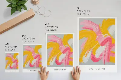 Poster decorativo com pinceladas dinâmicas em rosa, amarelo e branco