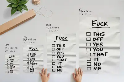 Arte de parede texto preto sobre fundo branco com lista de opções